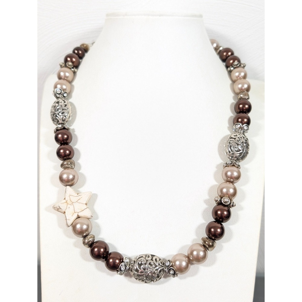 Neutral Faux Pearl Bead Necklace Filigree Star‎ Accent Brown Beige Statement